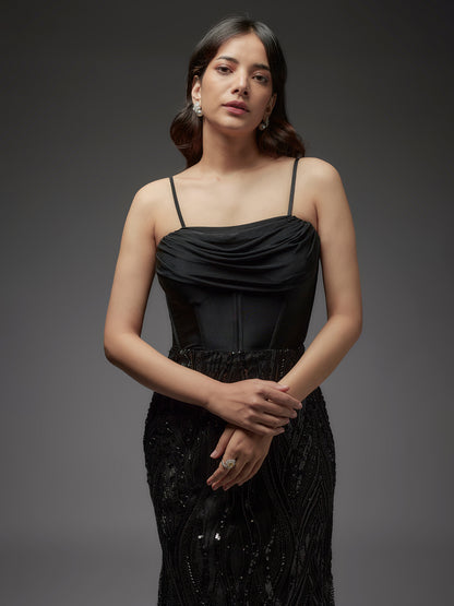 Black Beaded Net Work Corset Gown