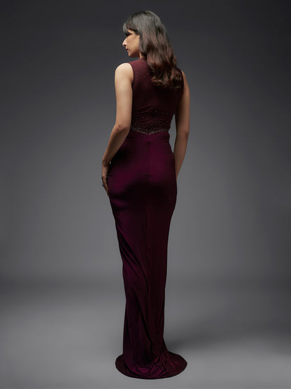 Burgundy Hand Embroidered Mesh and Lycra Draped Gown