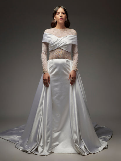 White Satin Hand Embroidered Bridal Gown with Trail