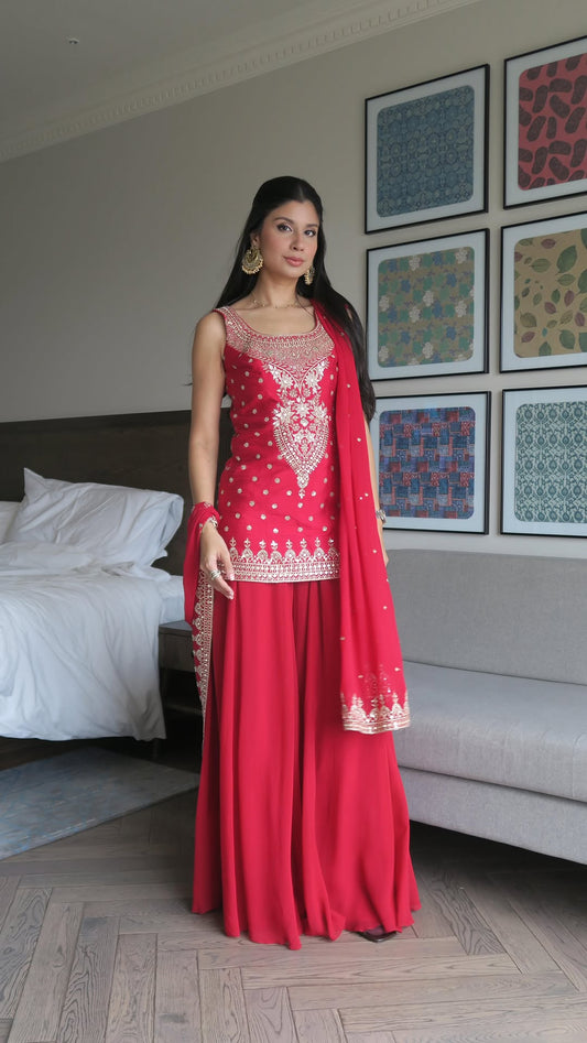 Red Tunic Kurta With Dupatta And Flared Sharara Pant