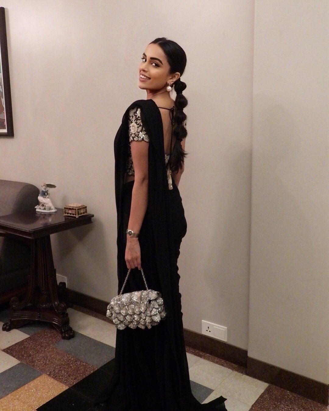 Navy Embroidrered Drape Saree Set