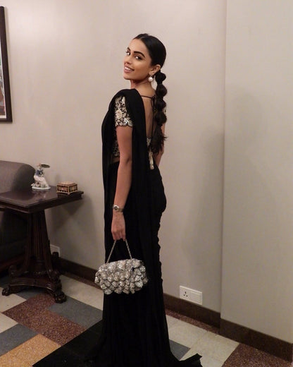 Navy Embroidrered Drape Saree Set