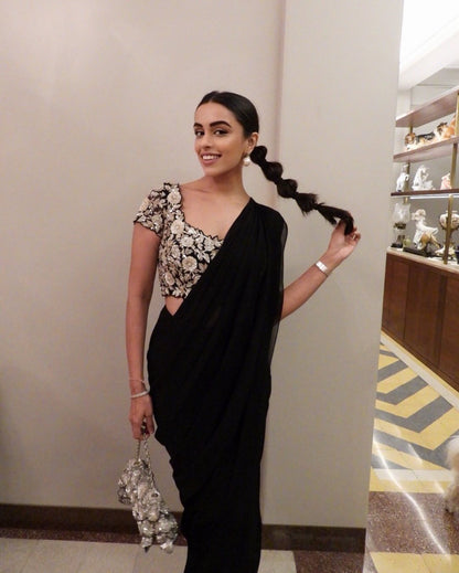 Navy Embroidrered Drape Saree Set