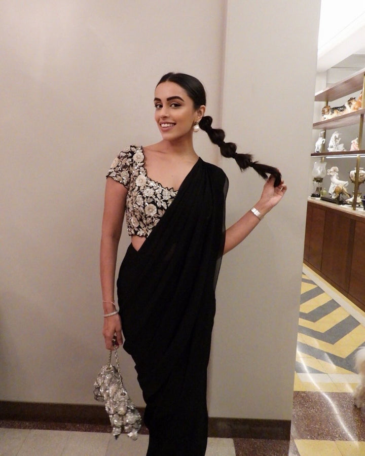 Navy Embroidrered Drape Saree Set