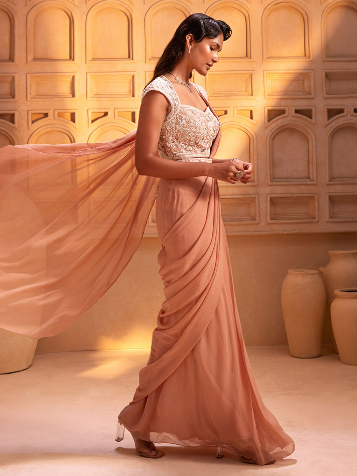 Nude Embroidered Drape Saree Set