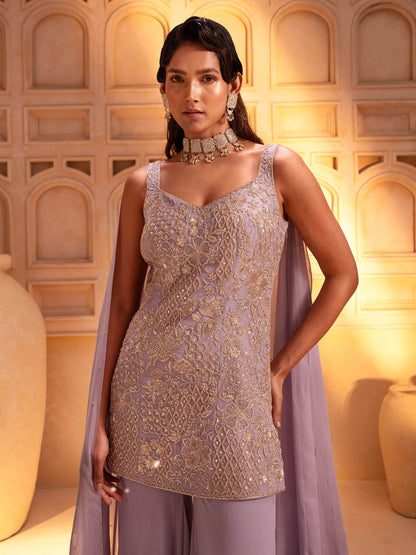 Lilac Embroidred Kurta Sharara Set