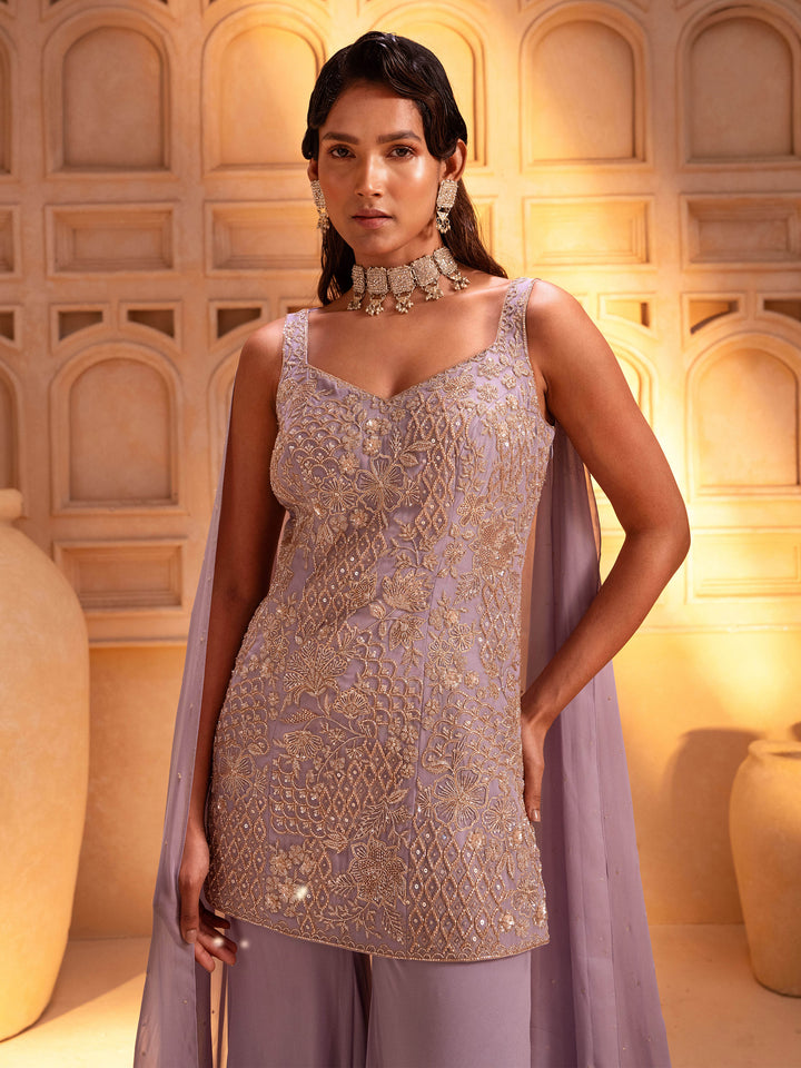 Lilac Embroidred Kurta Sharara Set