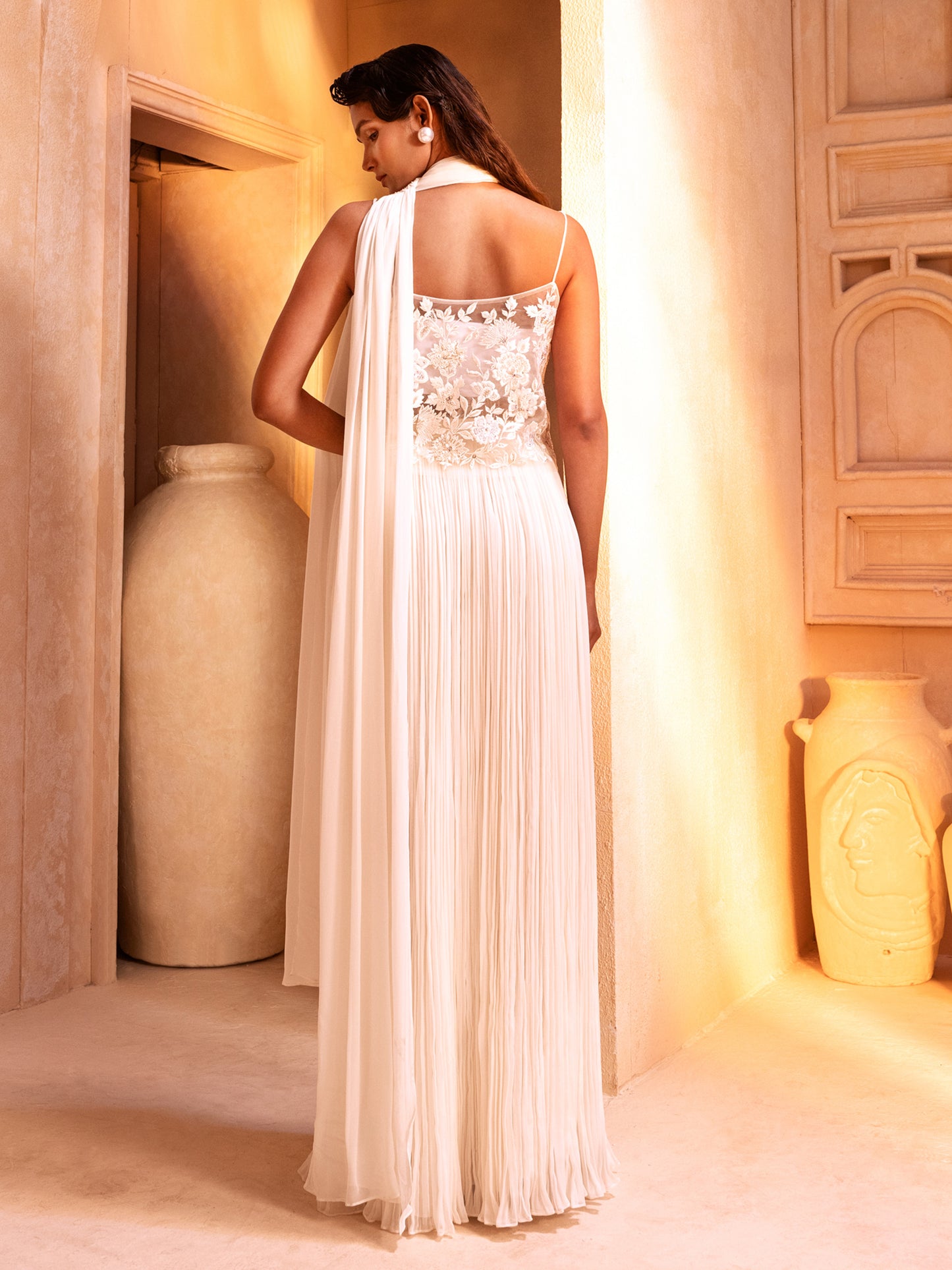 Ivory Embroidered Crop Top With Gathered skirt And Stole