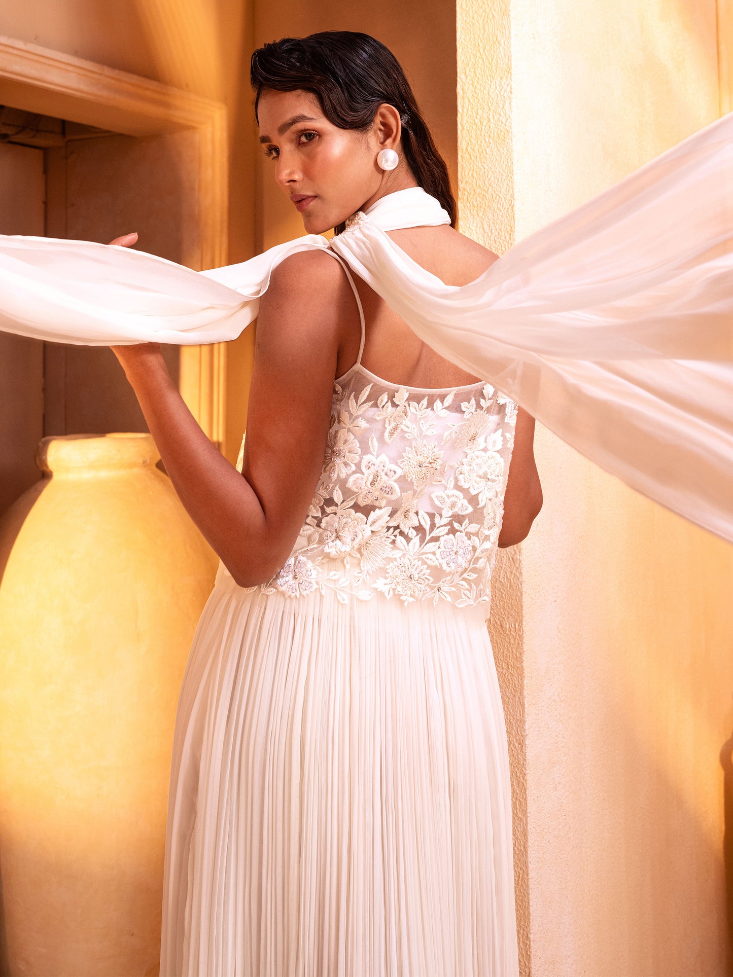 Ivory Embroidered Crop Top With Gathered skirt And Stole