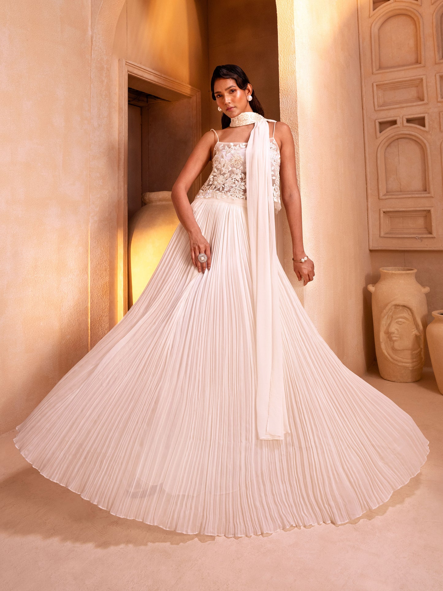 Ivory Embroidered Crop Top With Gathered skirt And Stole