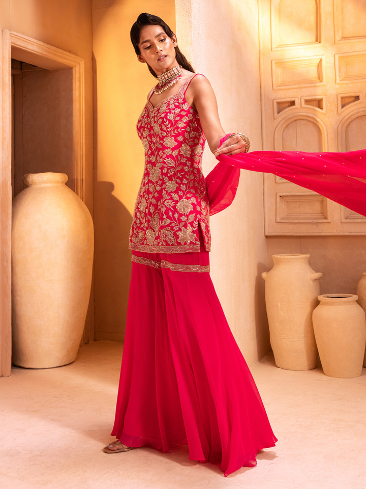 Fuchsia Pink Embroidered Kurti Sharara Set