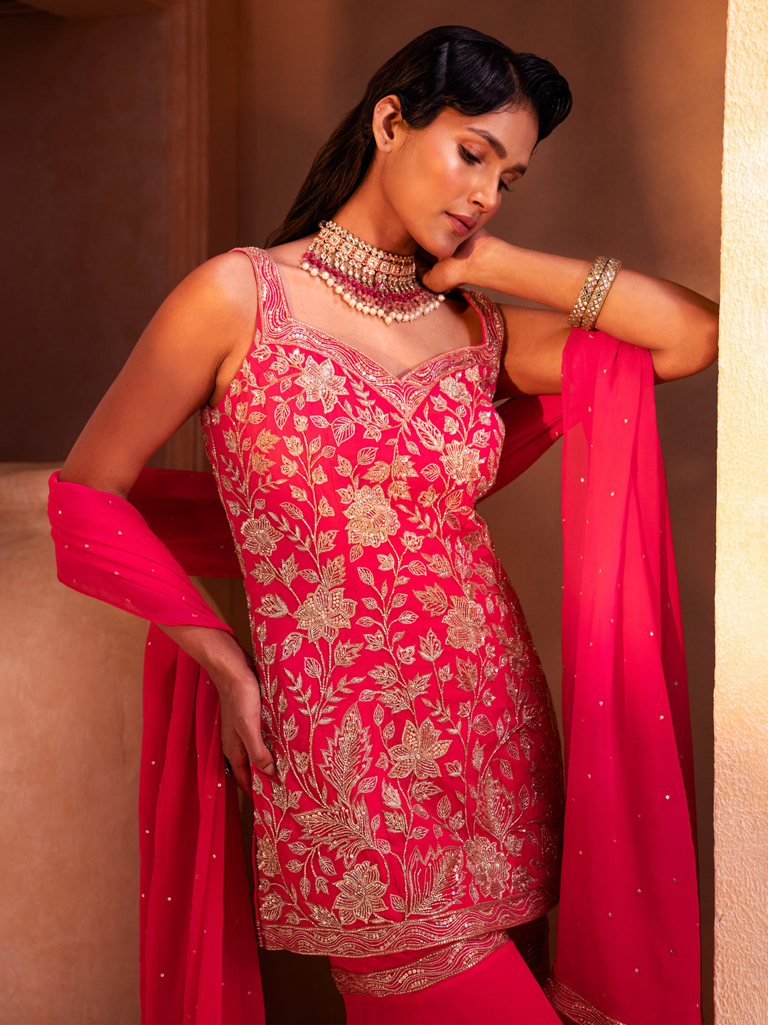 Fuchsia Pink Embroidered Kurti Sharara Set
