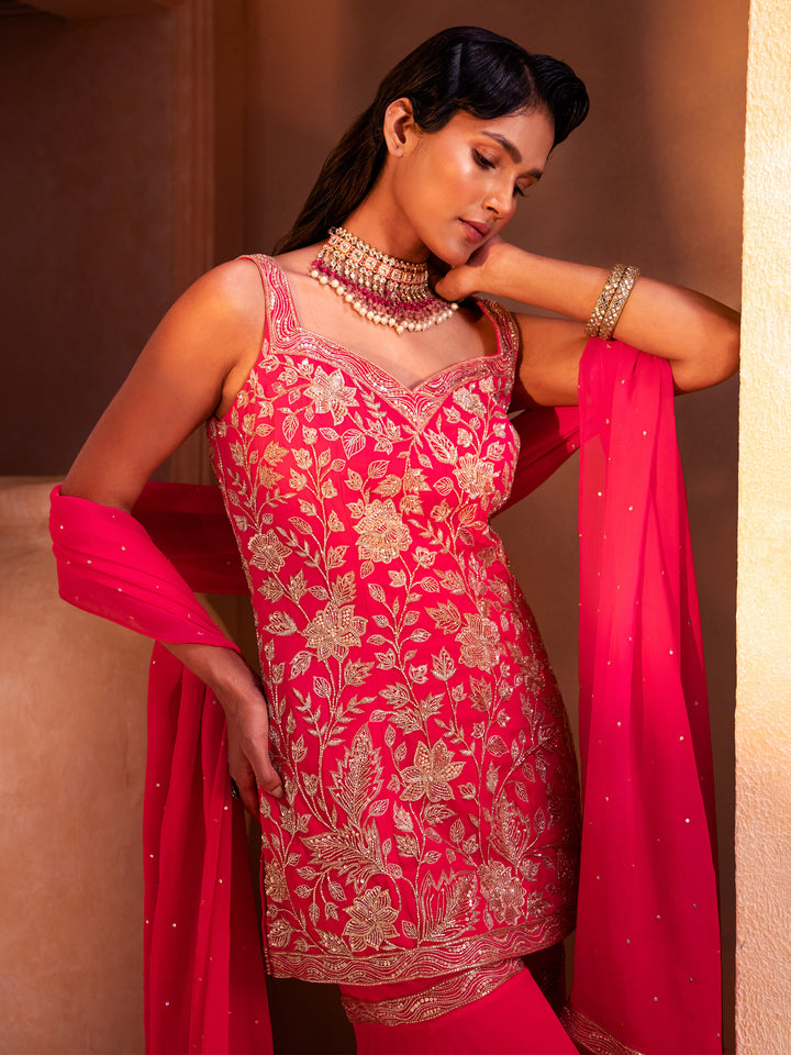 Fuchsia Pink Embroidered Kurti Sharara Set