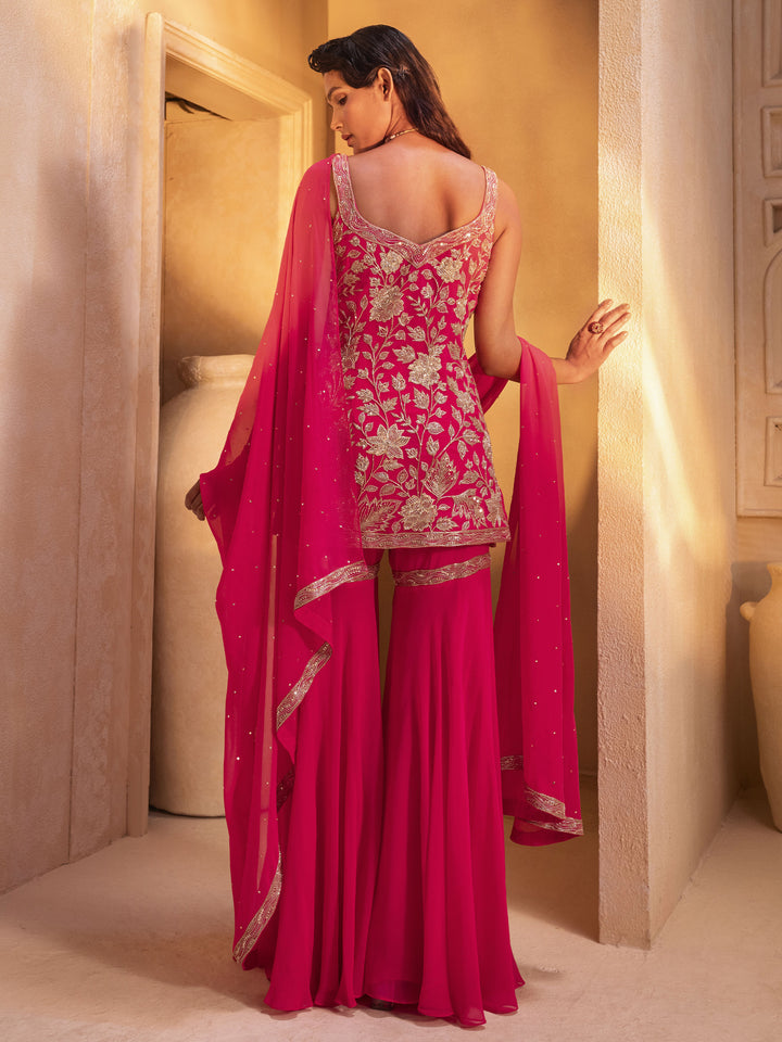 Fuchsia Pink Embroidered Kurti Sharara Set