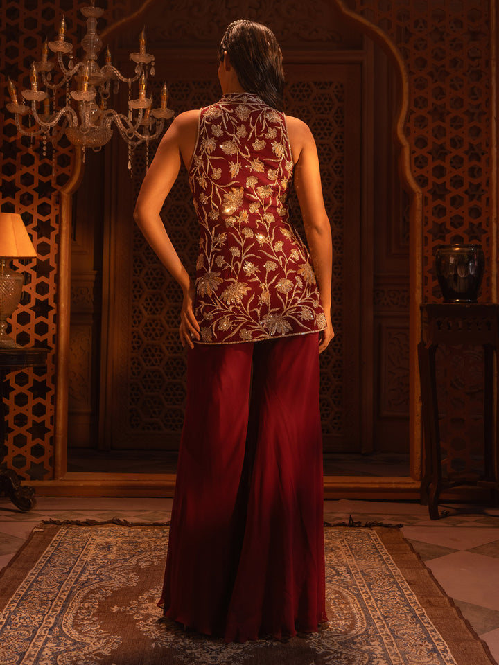Maroon Embroidered Jacket Set