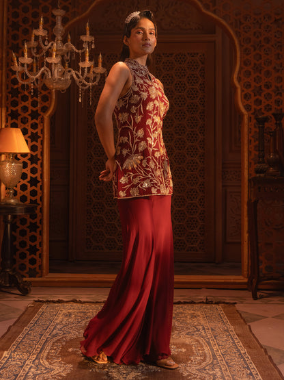 Maroon Embroidered Jacket Set