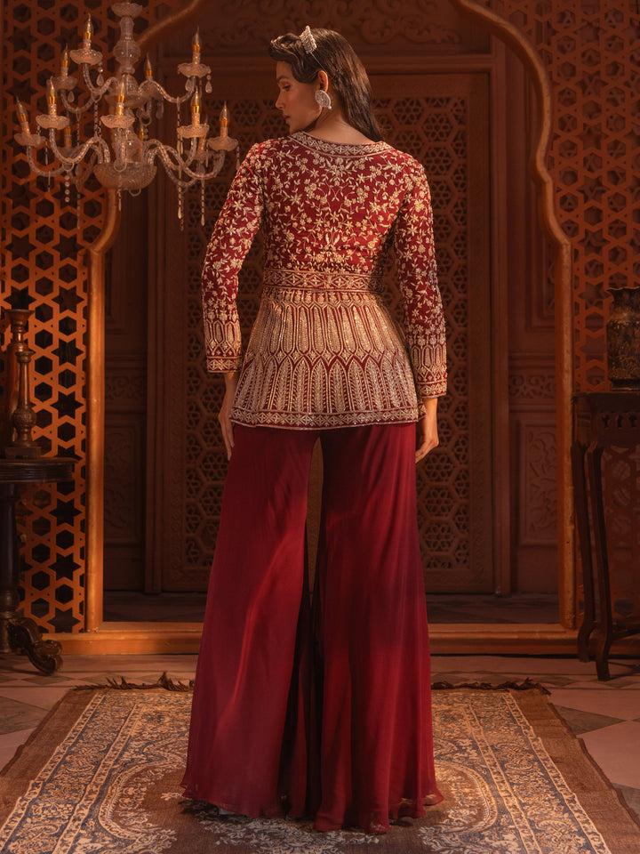 Maroon Embroidered Jacket Sharara Set