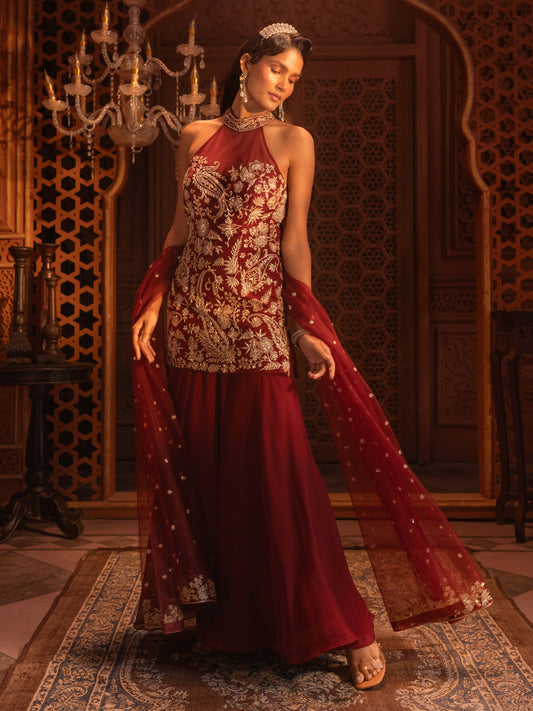 Maroon Hand Embroidered Kurti Sharara Set