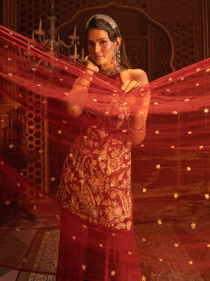 Maroon Hand Embroidered Kurti Sharara Set