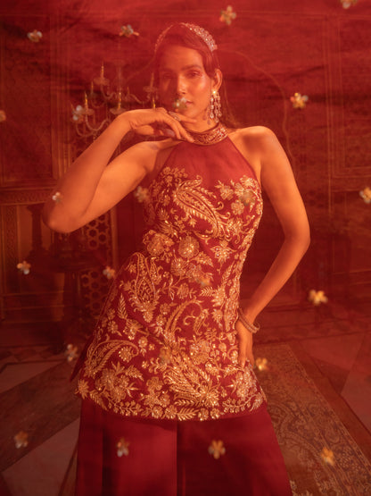Maroon Hand Embroidered Kurti Sharara Set