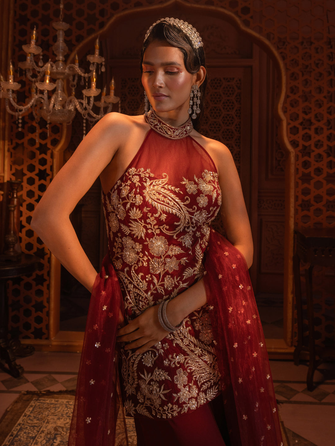 Maroon Hand Embroidered Kurti Sharara Set