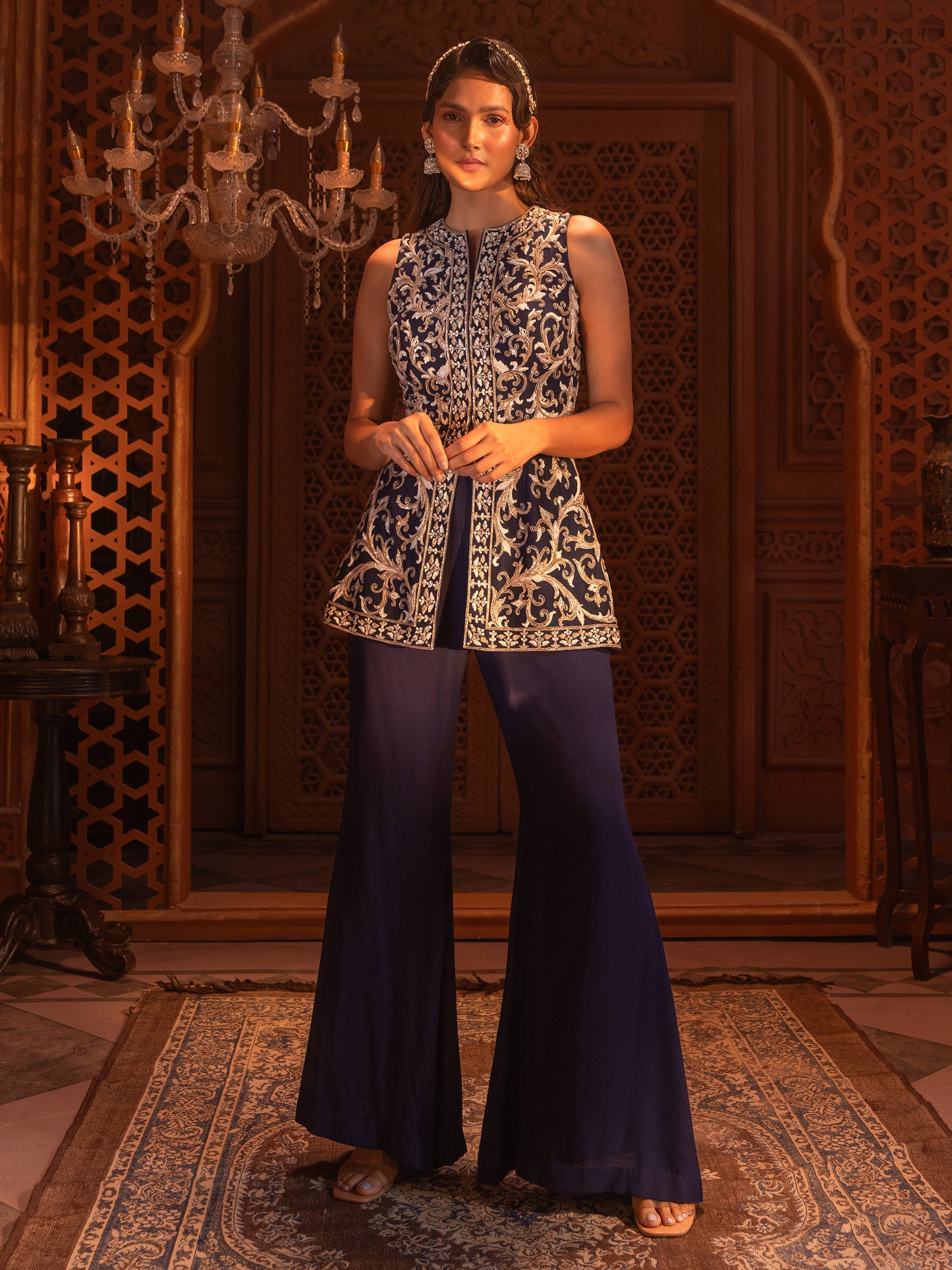 Navy Embroidered Peplum Jacket Set