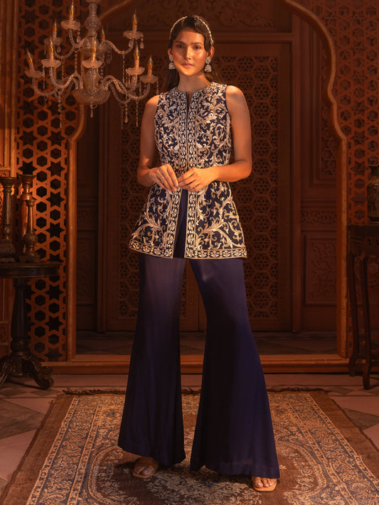 Navy Embroidered Peplum Jacket Set
