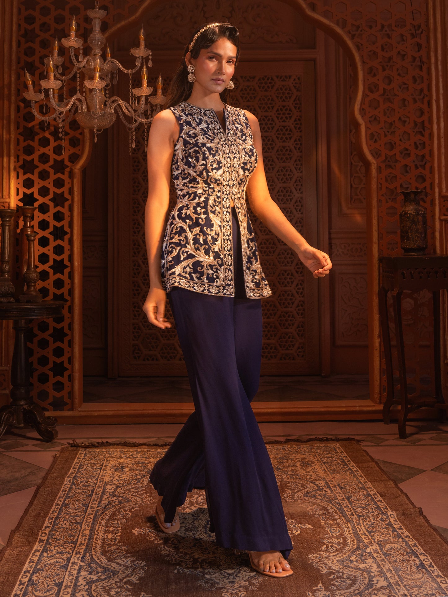 Navy Embroidered Peplum Jacket Set