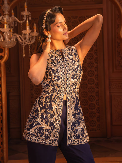 Navy Embroidered Peplum Jacket Set