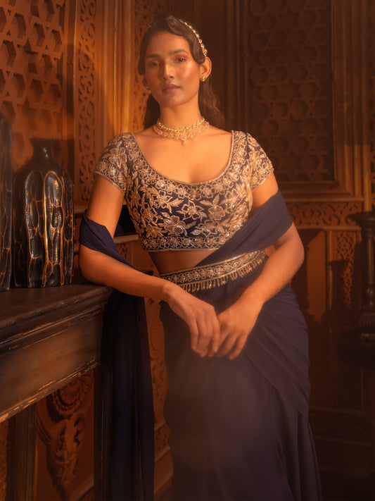 Navy Hand Embroidered Drape Saree Set