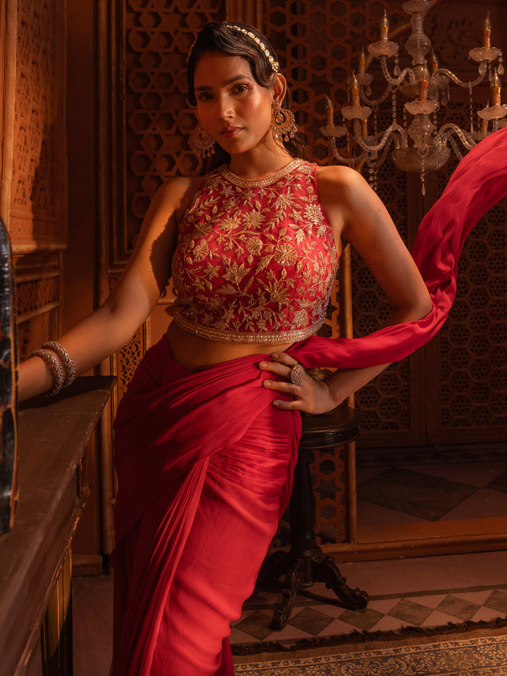 Red Embroidered Drape saree Set