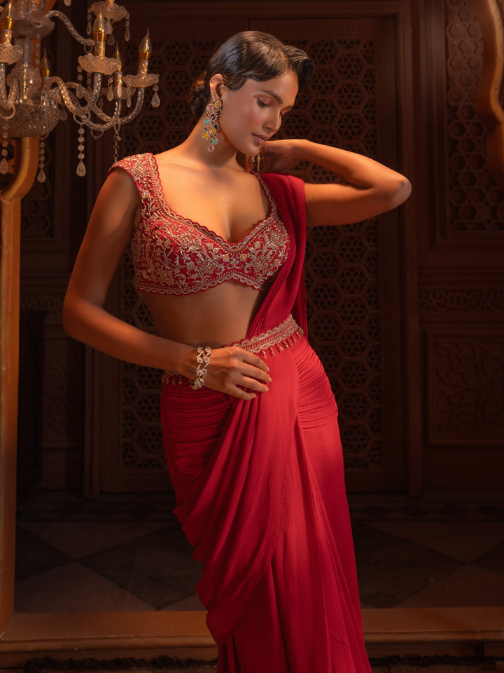 Red Embroidered Drape Saree Set