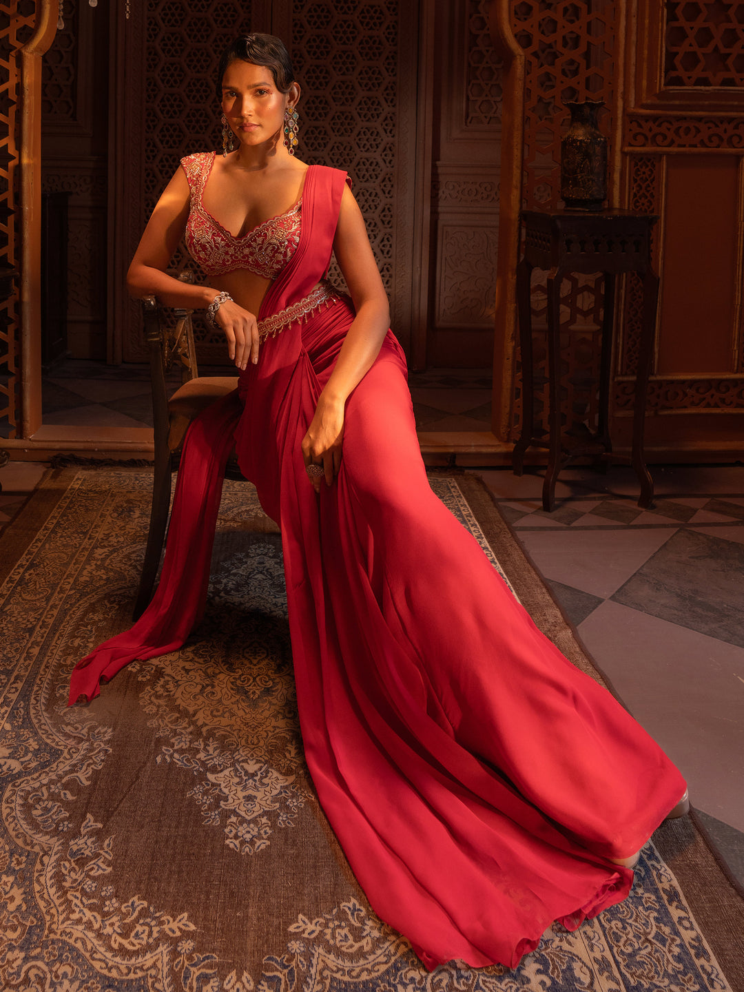 Red Embroidered Drape Saree Set