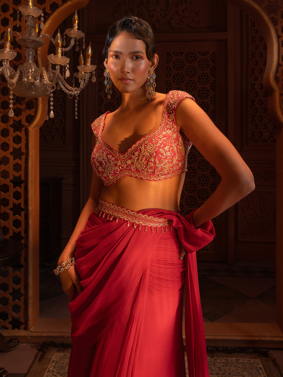 Red Embroidered Drape Saree Set