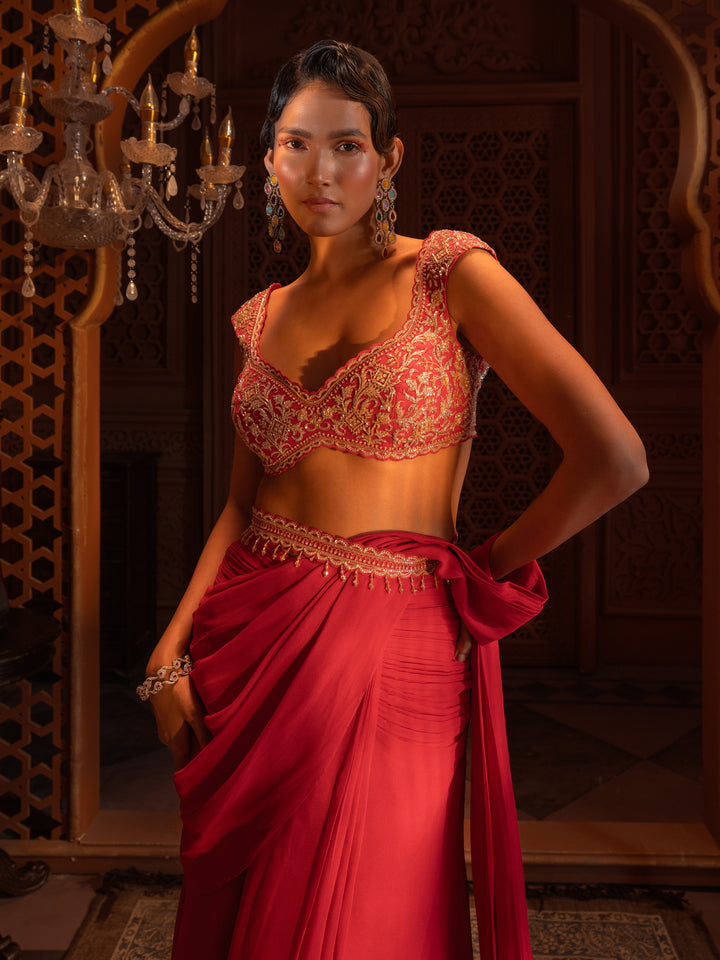 Red Embroidered Drape Saree Set