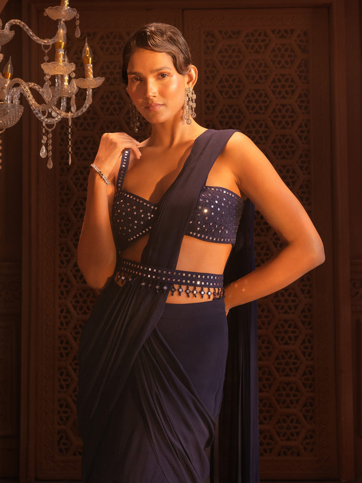 Navy Aina Drape Saree Set