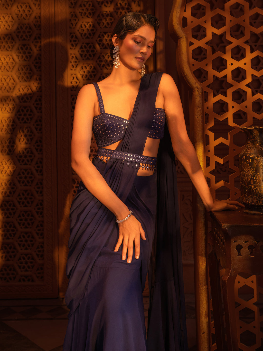 Navy Aina Drape Saree Set