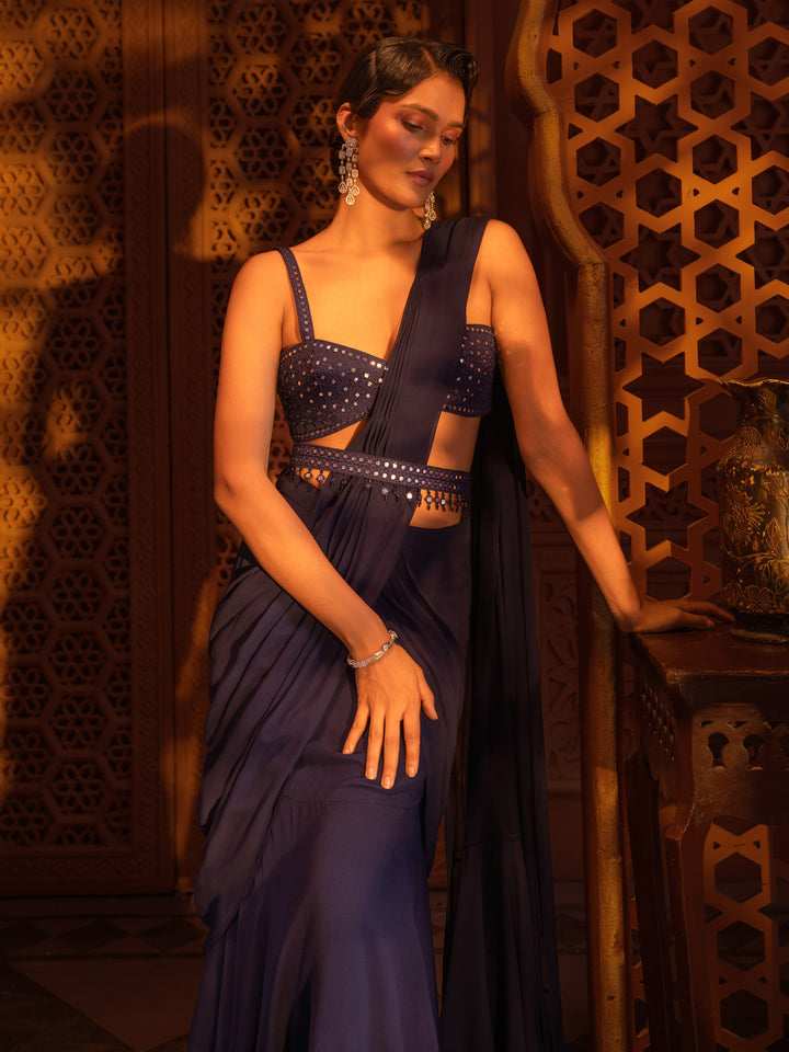 Navy Aina Drape Saree Set