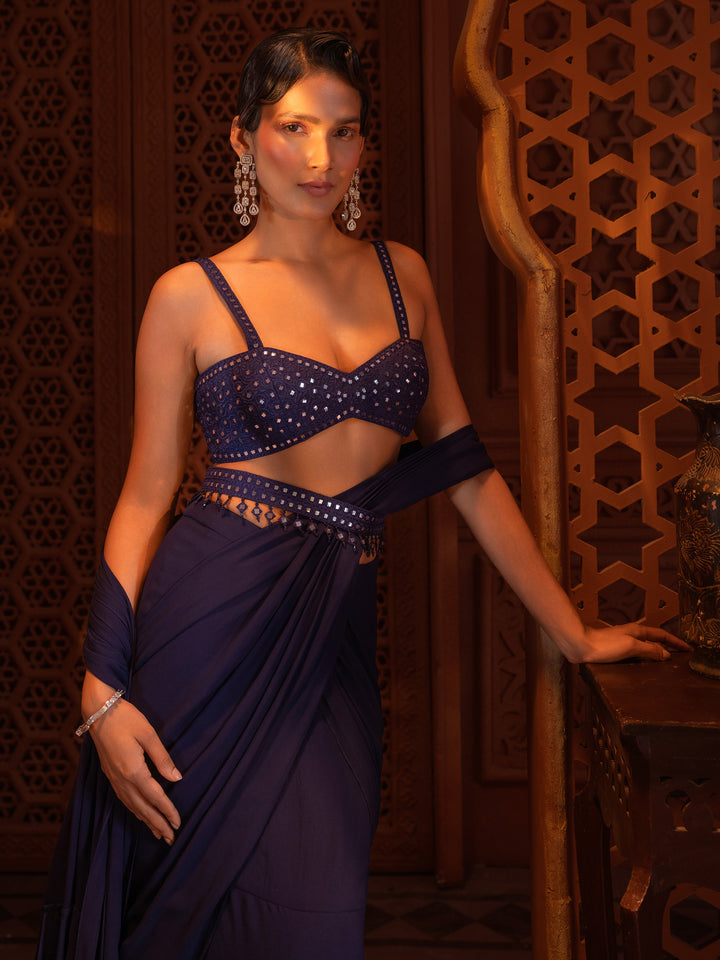 Navy Aina Drape Saree Set
