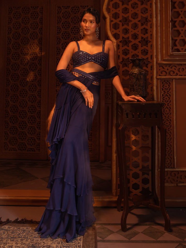Navy Aina Drape Saree Set