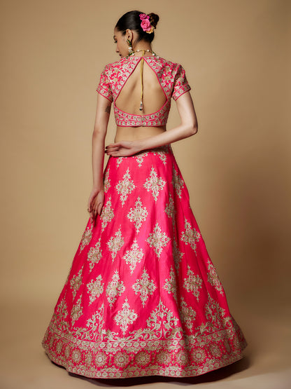 Fuchsia Pink Rawsilk Aari work Lehenga Set with Embroidered Dupatta
