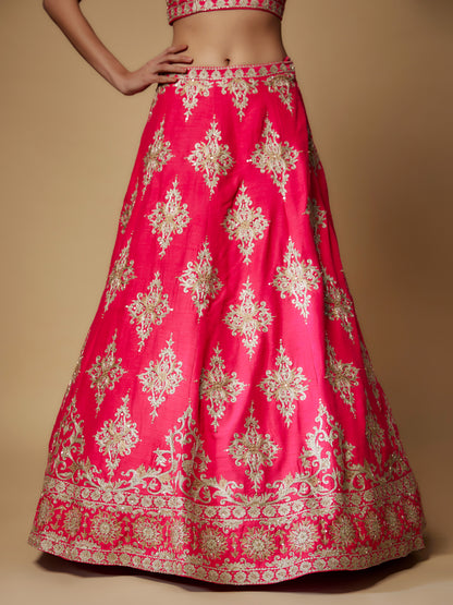 Fuchsia Pink Rawsilk Aari work Lehenga Set with Embroidered Dupatta