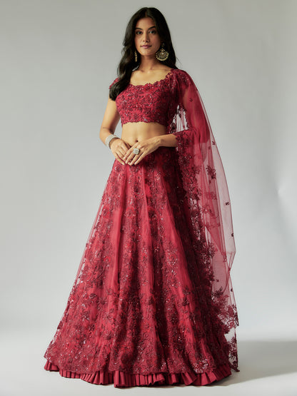 Red Net Lehenga Set with Embroidery