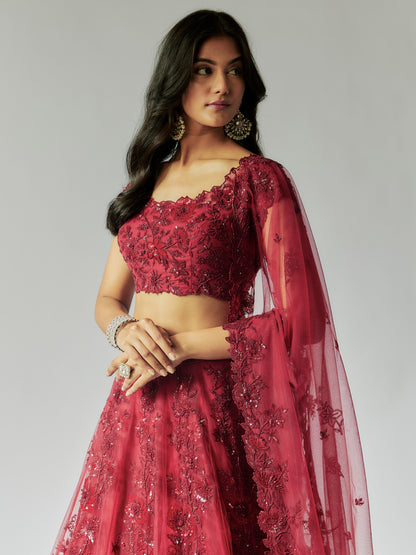 Red Net Lehenga Set with Embroidery