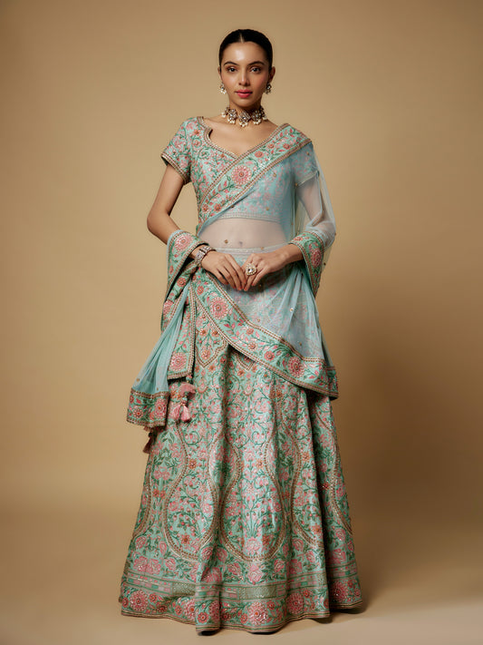 Wasabi Lehenga Set in Raw Silk with Hand Embroidery