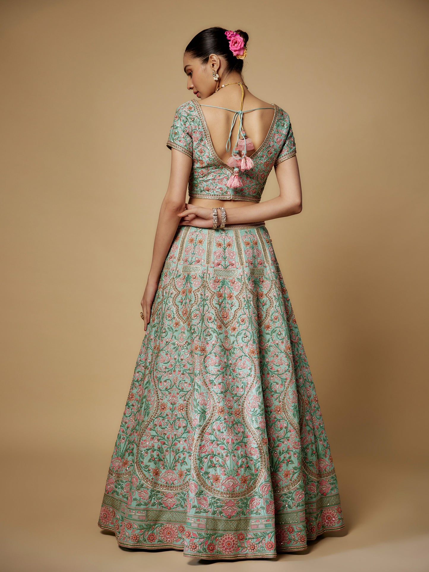 Wasabi Lehenga Set in Raw Silk with Hand Embroidery