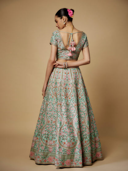 Wasabi Lehenga Set in Raw Silk with Hand Embroidery
