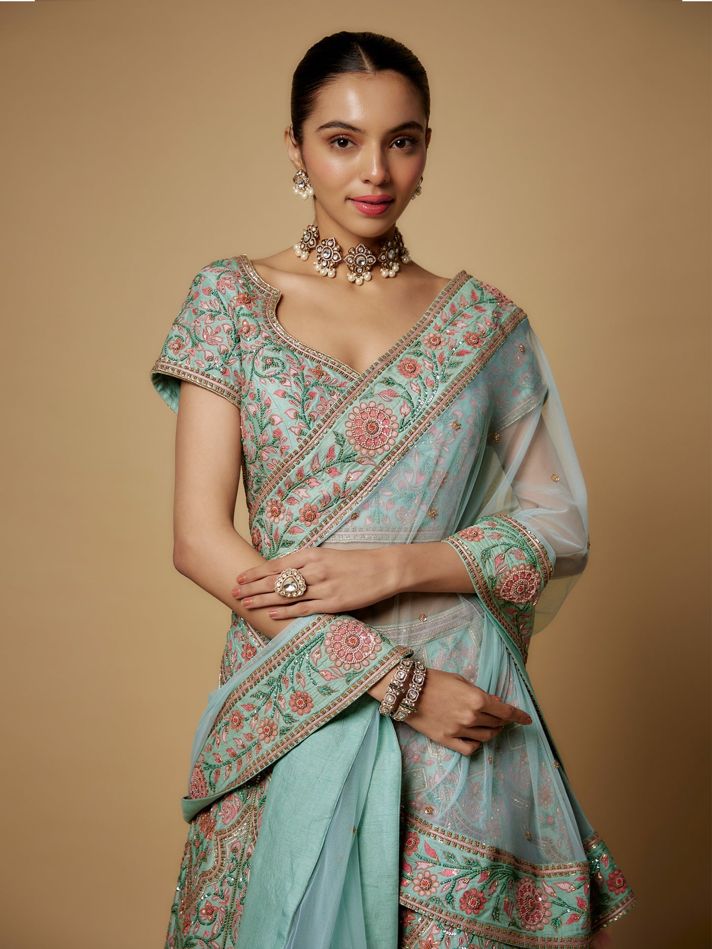 Wasabi Lehenga Set in Raw Silk with Hand Embroidery