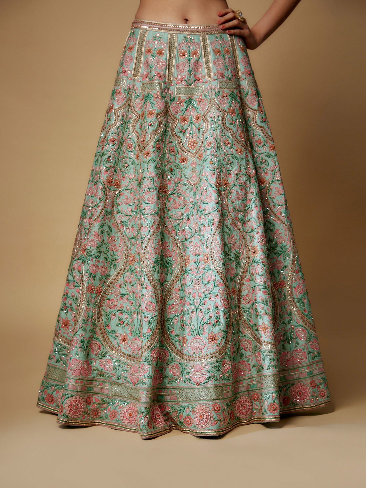 Wasabi Lehenga Set in Raw Silk with Hand Embroidery