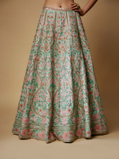 Wasabi Lehenga Set in Raw Silk with Hand Embroidery